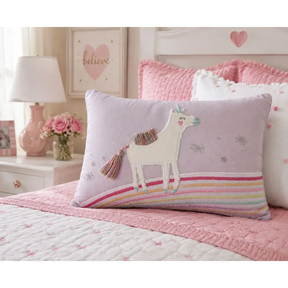 Pottery Barn Kids Unicorn Rainbow Throw Pillow 14x10 Pink Pastel Tassel Decor